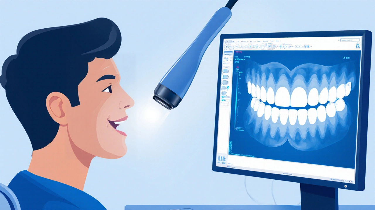 Dentista používá 3D skener a ukazuje digitální model faset na monitoru.