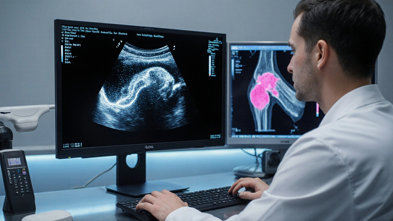 Doktor kontroluje ultrazvuk a MRI zápěstí ukazující ztluštění synoviální výstelky.