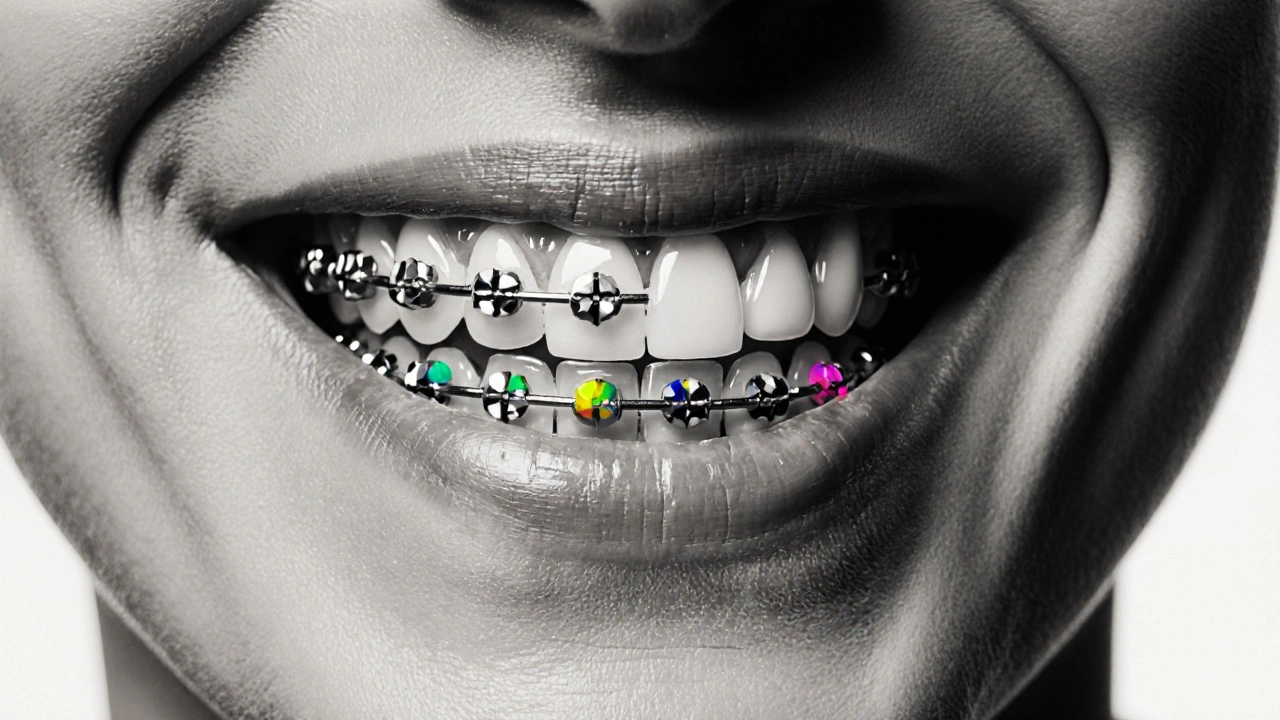 Dual image of braces and veneers merging into one perfect smile.