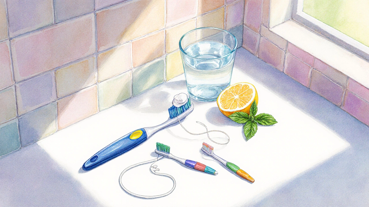 Hygienické pomůcky – kartáček, nit a mezizubní kartáček.