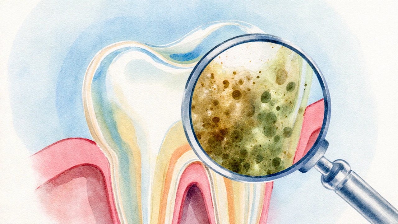 Ilustrace zubu s plakem a dentálním zrcátkem odhalujícím skryté oblasti.