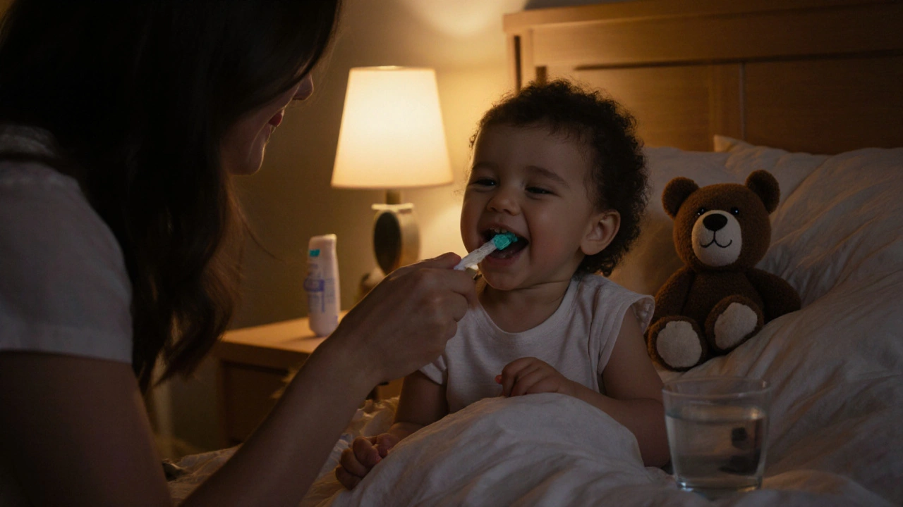 Matka čistí zuby malému dítěti večer, při světle noční lampy a se zvířátkem na posteli.