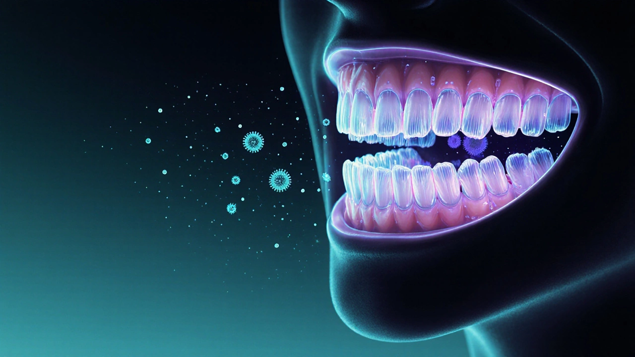 Mikroskopický pohled na čištění zubů sonickým kartáčkem, kde sliny odstraňují plak mezi zuby.
