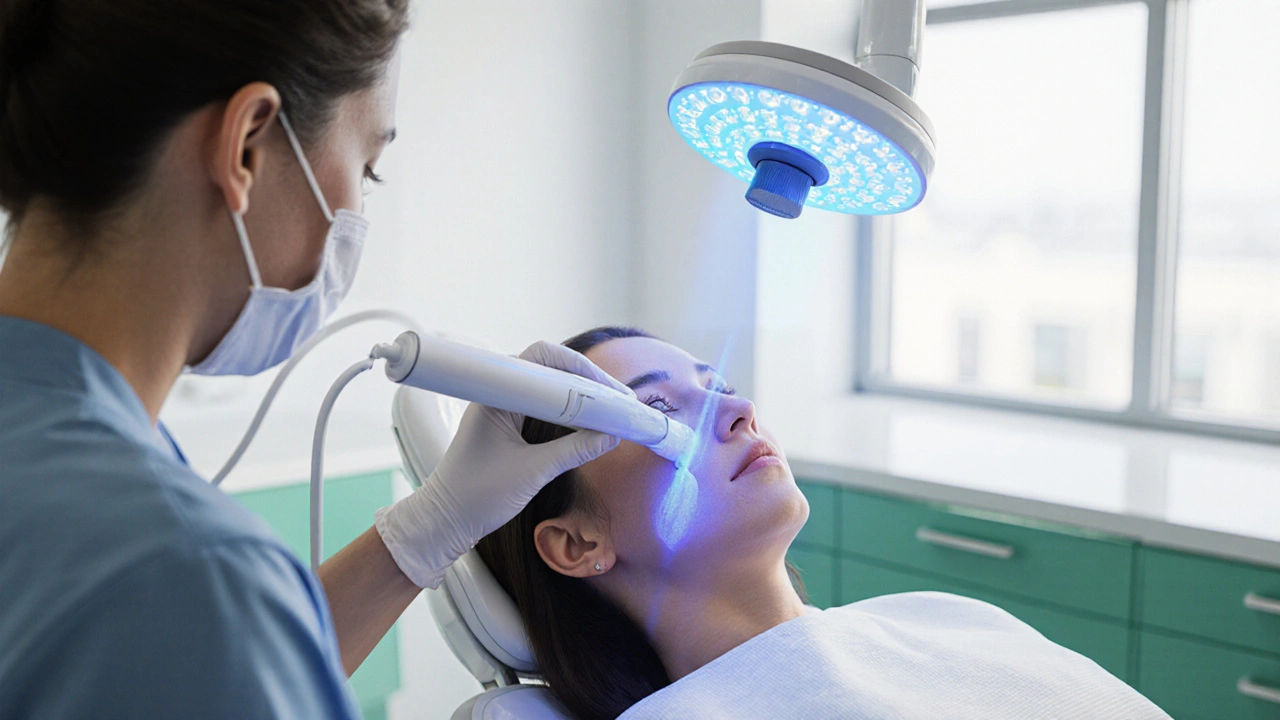 Moderní zubní klinika s laserovým bělením, pacient září čistými zuby.