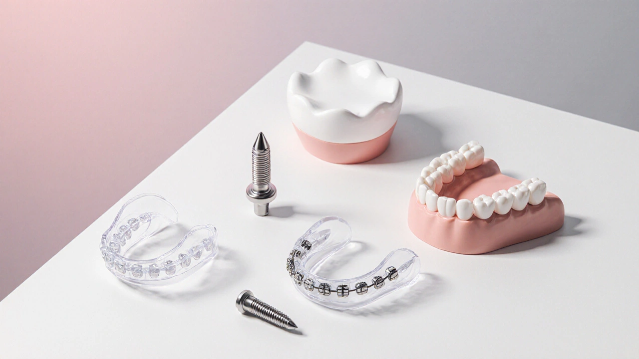 Na bílém pultu jsou zobrazeny různé dentální ošetření: rovnáky, fasety, implantát.