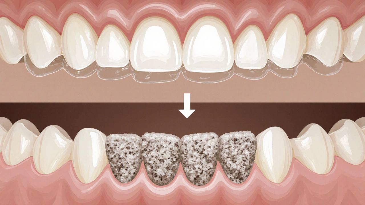 Postupné tvrdnutí plaku na zubech a přeměna na zubní kámen podél dásní.