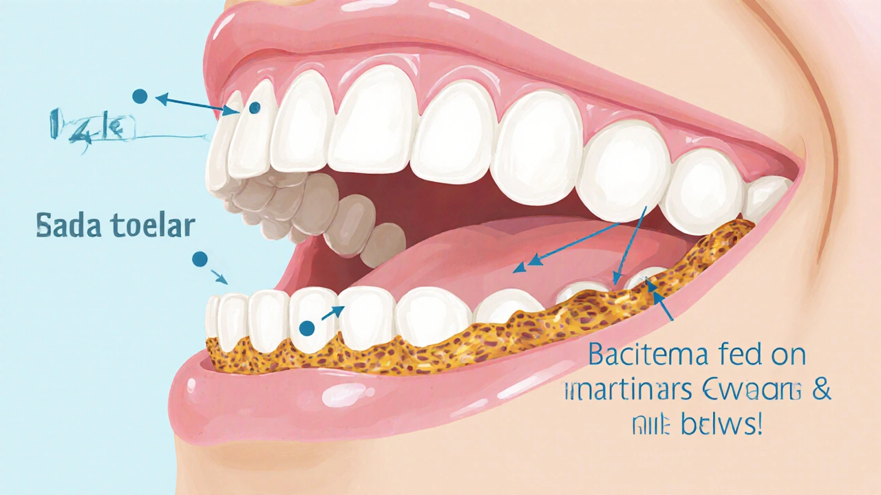 Přehled vnitřního vývoje zubního kamene z plaku a fluoridové ochrany zubní skloviny.