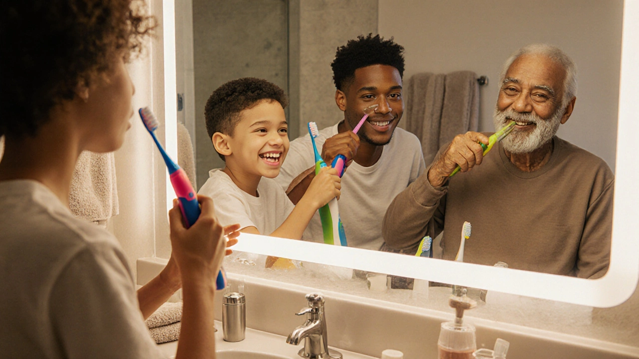 Rodina společně čistí zuby sonickými kartáčky — dítě, dospělý a starší osoba se usmívají do zrcadla.
