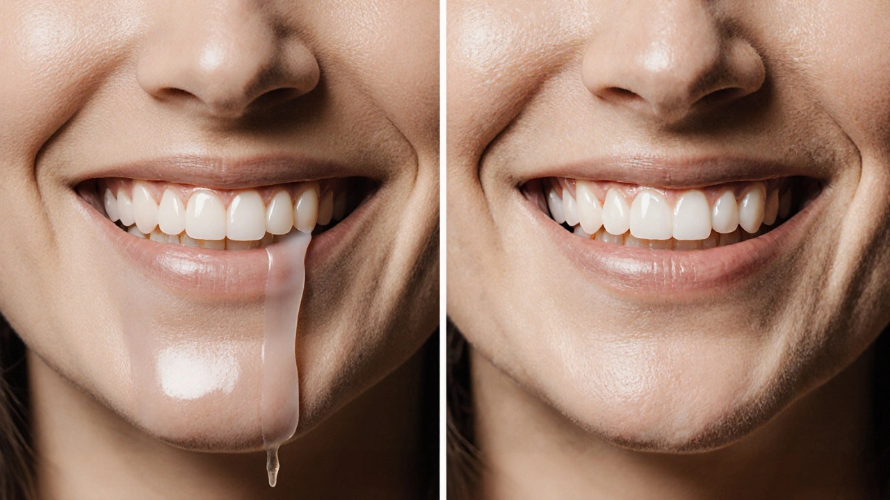 Side-by-side comparison of uneven at-home whitening versus professional results.