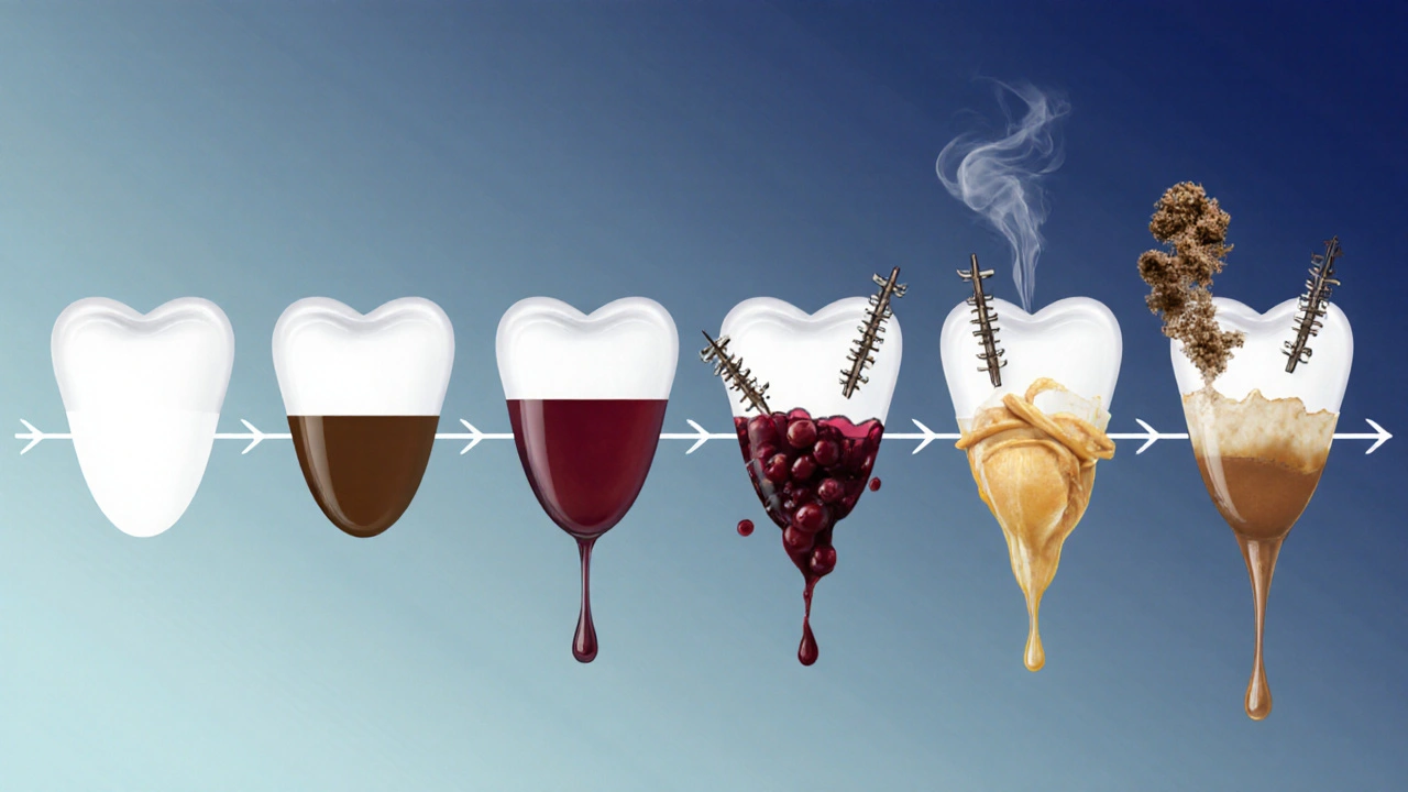 Teeth darkening over time due to coffee, wine, and smoke after whitening treatment.