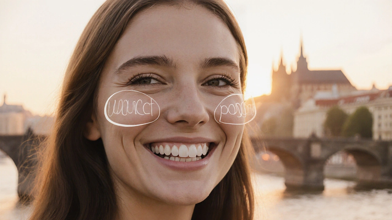 Woman smiling with flawless teeth, faint outline of previous misalignment beneath.