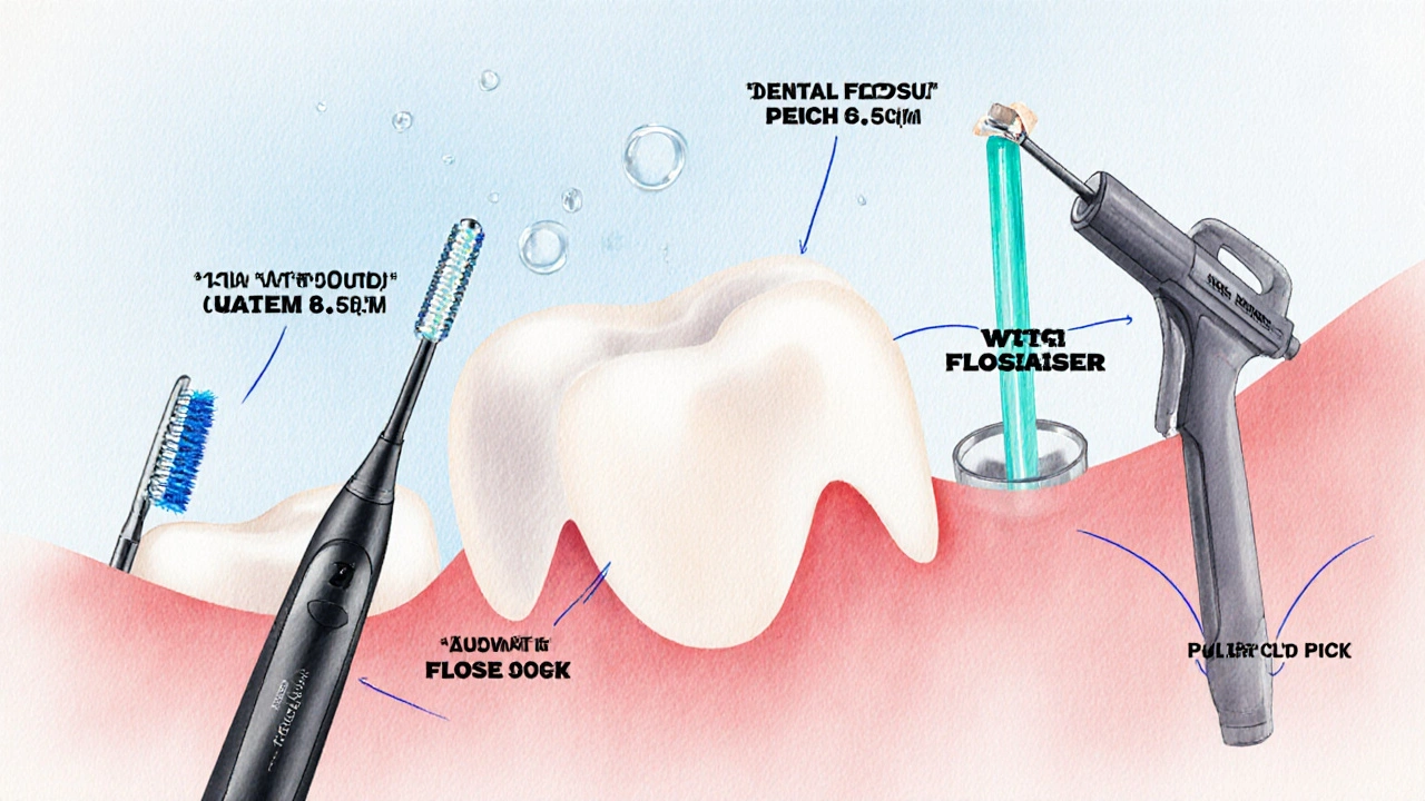 Zobrazení mezizubního kartáčku, air flossu, water flosseru a dentálního výběrače u zubu.