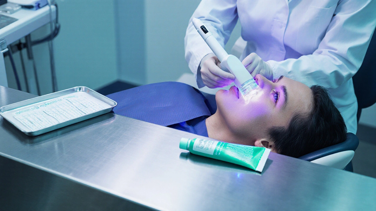 Zubař uplatňuje laserové bělení na pacienta, vedle jsou bělící pásky a fluoridová pasta.