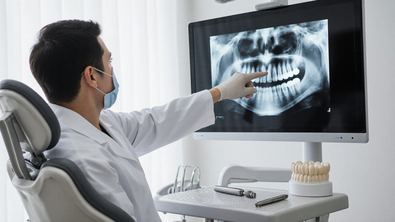 Zubní ordinace, dentista ukazuje rentgen poškozeného zubu pacientovi, vedle stojí korunka.