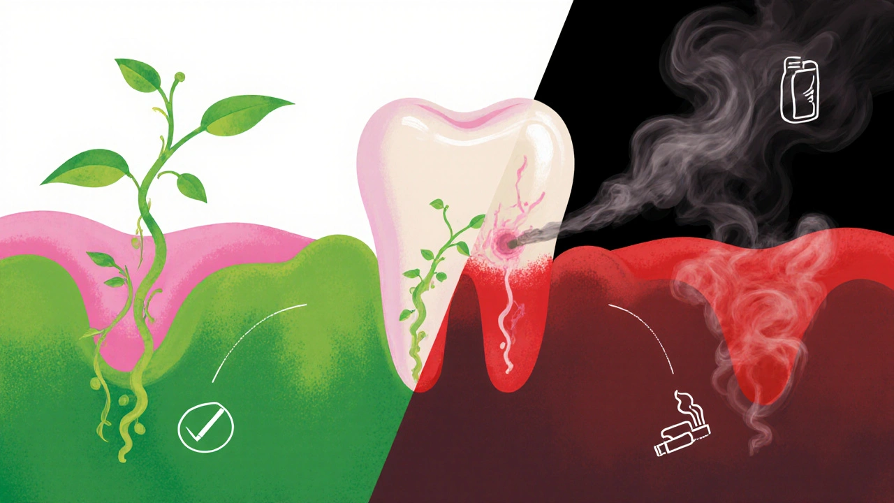 Abstraktní znázornění hojení dásní s symboly rizikových faktorů.