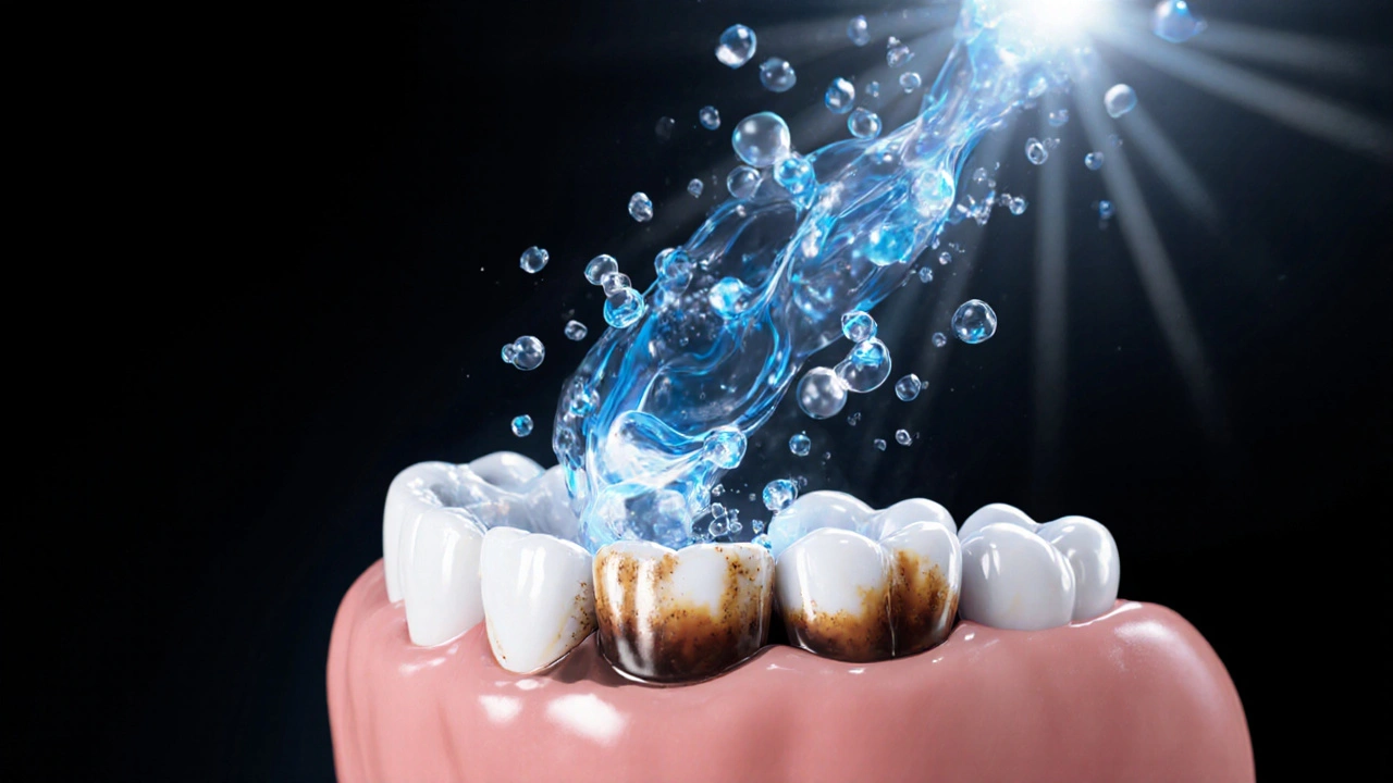 Abstraktní znázornění molekul peroxidu, jak rozkládají skvrny na zubech.