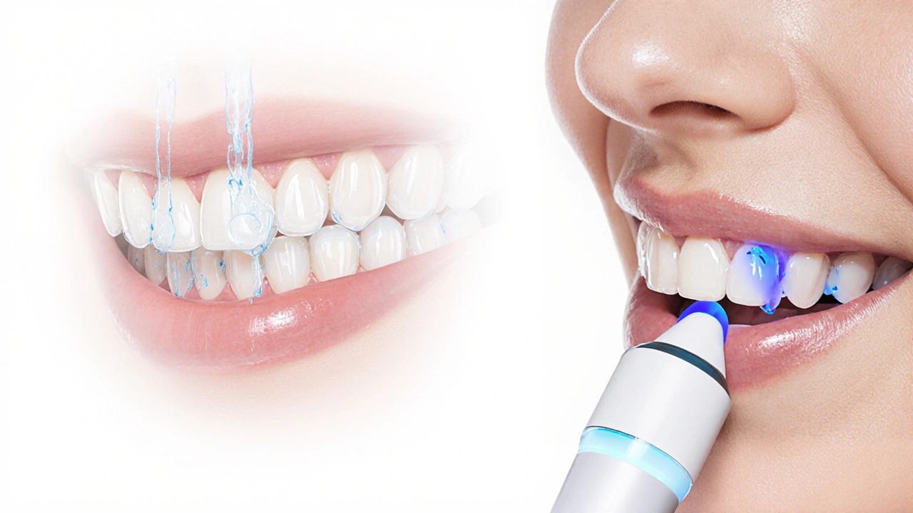 Blue LED light hardening resin adhesive on a veneer bonded to a front tooth.