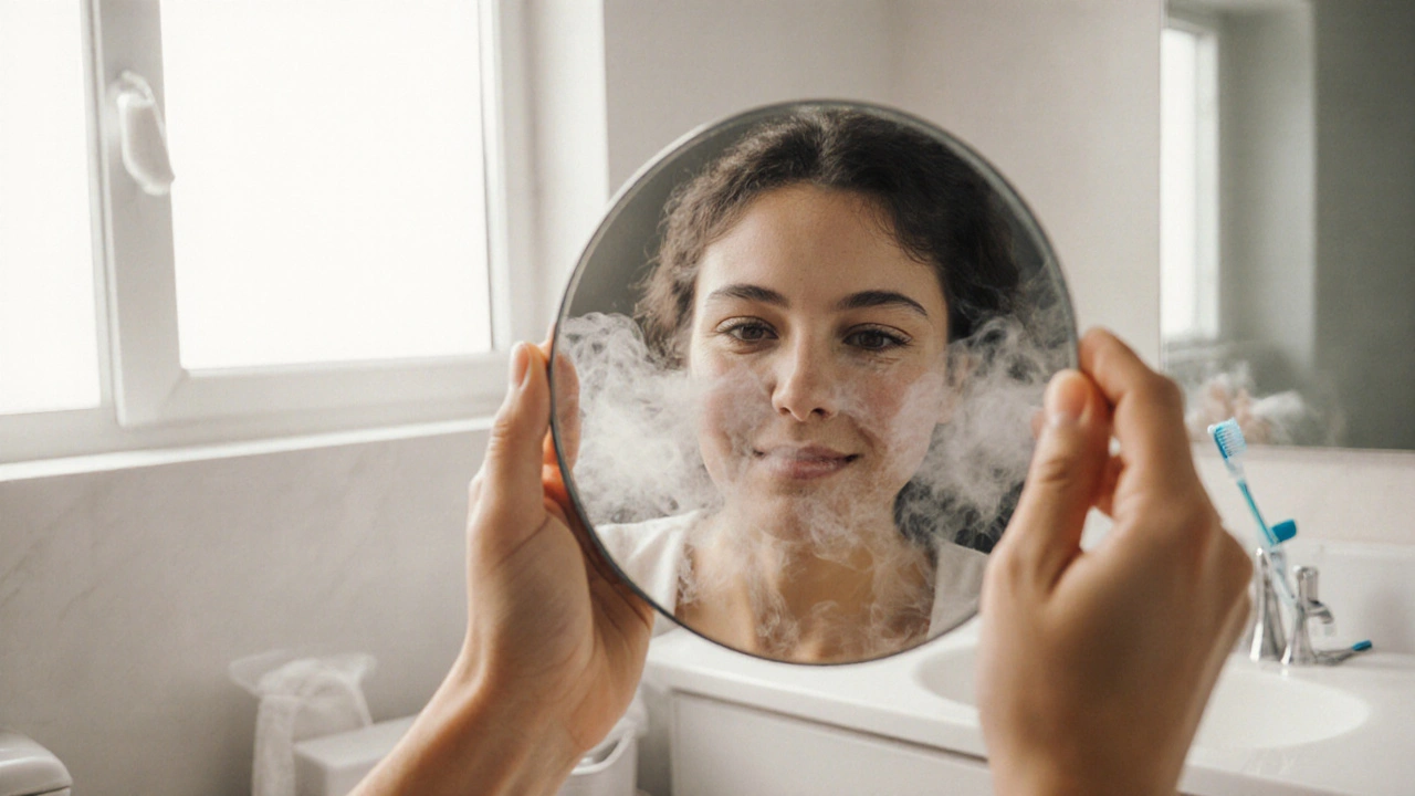 Člověk se dívá do zrcadla a vidí čisté, bělé zuby po profesionálním čištění.