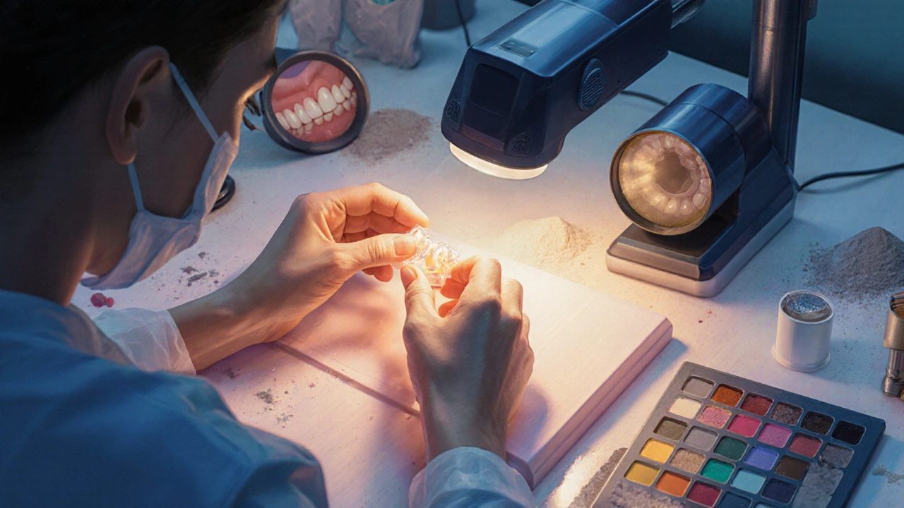 Dental technician carefully crafting a ceramic crown in a laboratory.