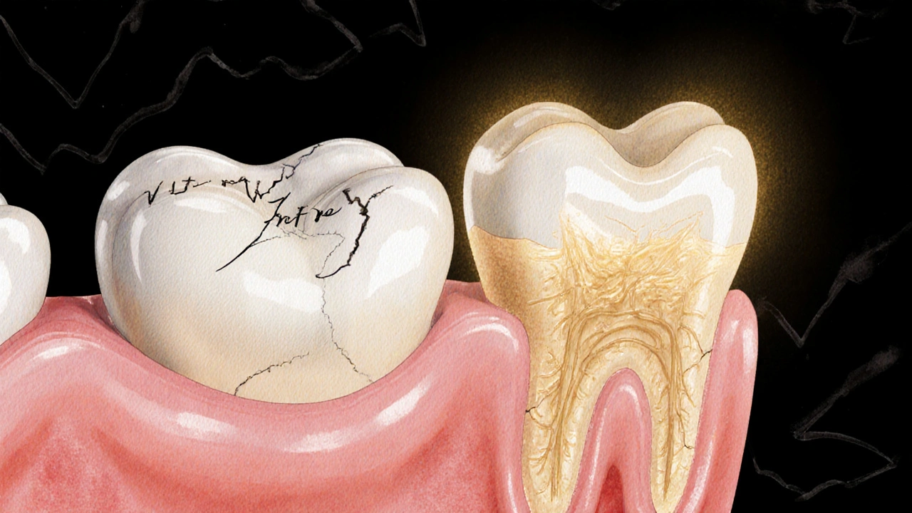 Detailní zobrazení předních zubů s viditelnými trhlinami a odhalenými kořeny.