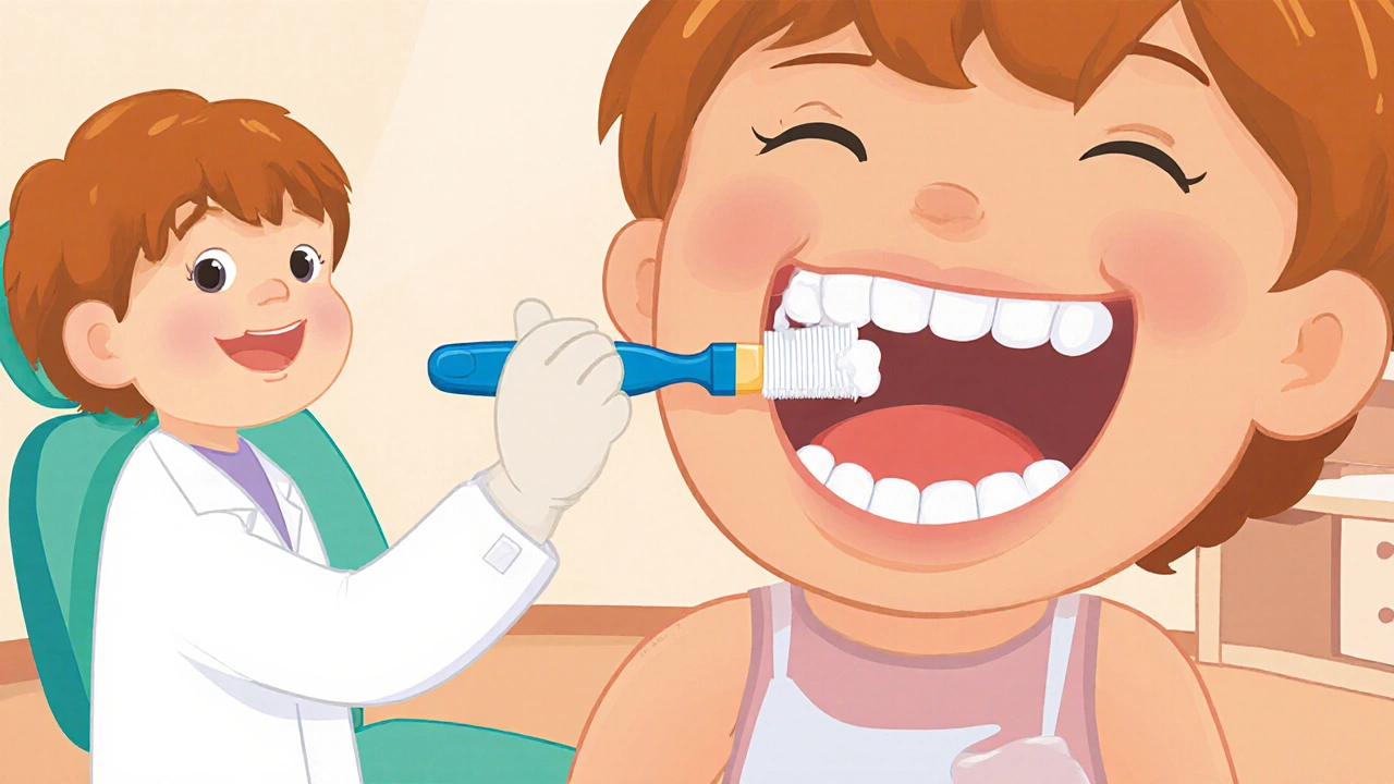 Dětský molár s povlakem sealantu, aplikovaný zubním lékařem.