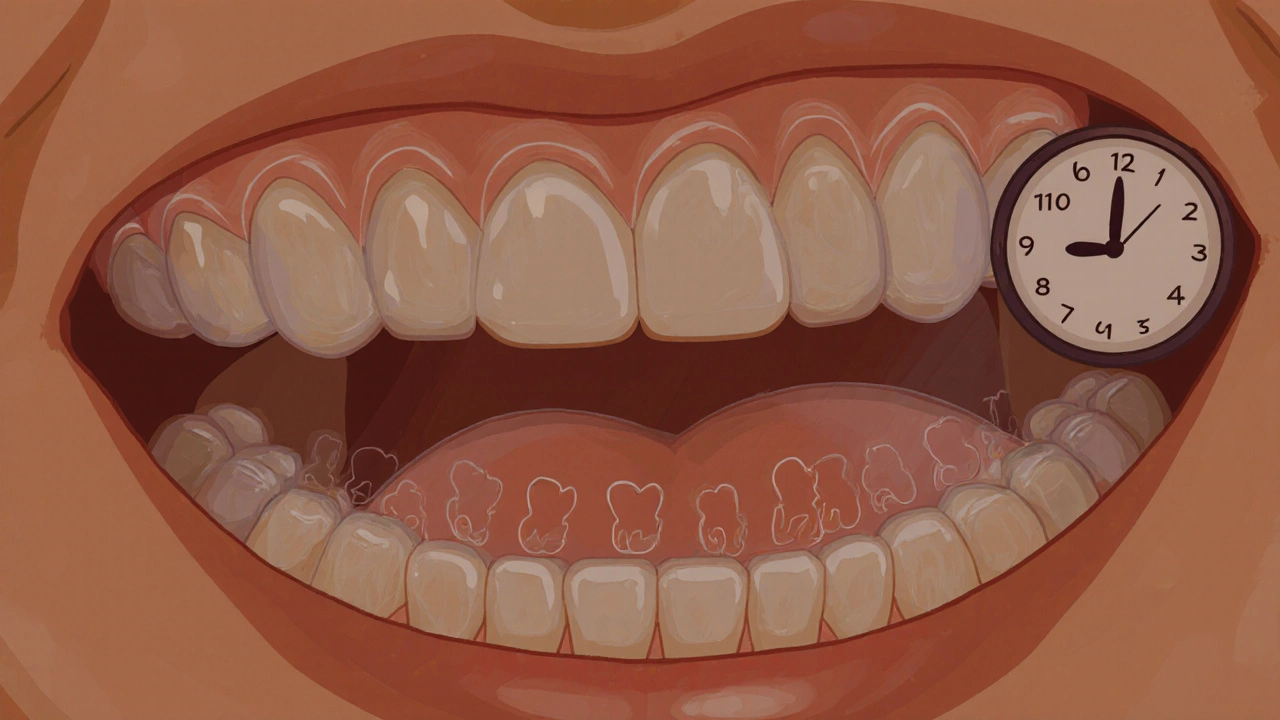 Dítě s přechodem od mléčných k trvalým zubům, kde staré zuby mizí a nové vyrůstají.