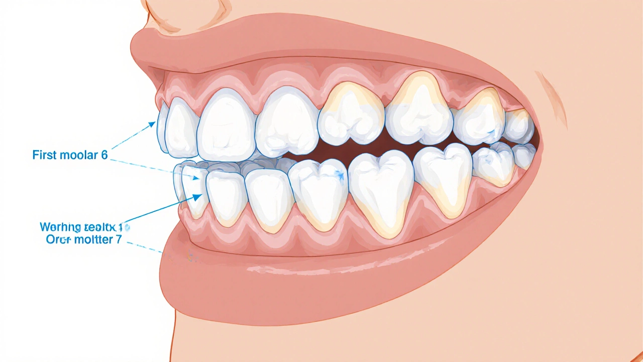 Dolní a horní čelist s třemi moláry na každé straně a jejich vývojem v čase