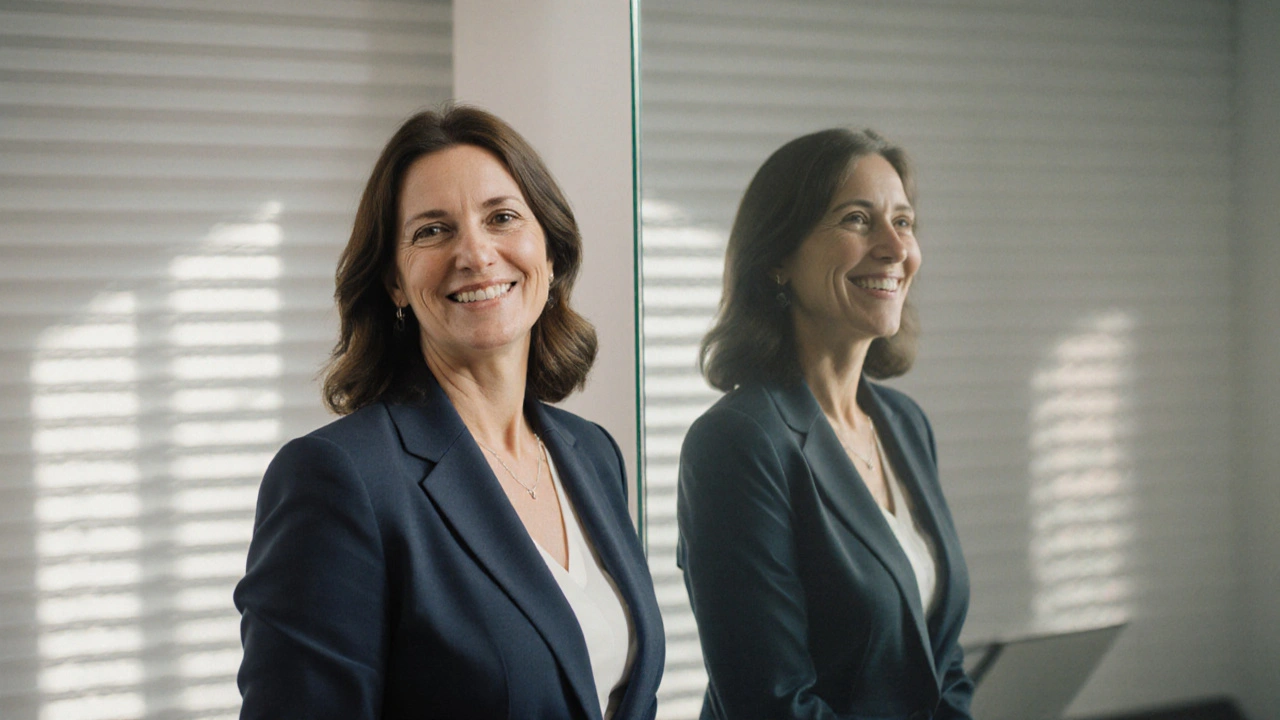 Dospělá žena s průhlednými rovnátky Invisalign v klinice, směje se se sebevědomím.