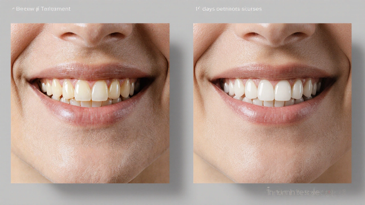 Dva úsměvy: jedny zuby před a druhé po bělení Opalescence.
