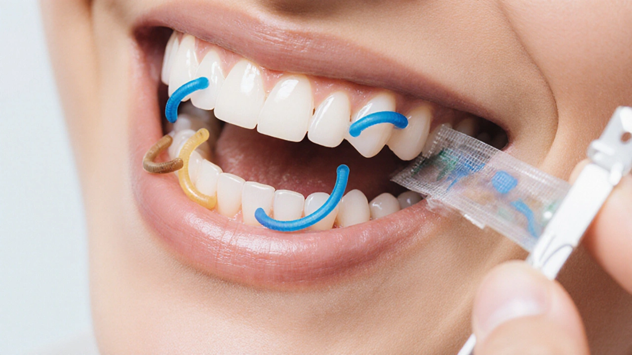 Dvě gumičky na rovnátku – jedna čerstvá, jedna znečištěná.