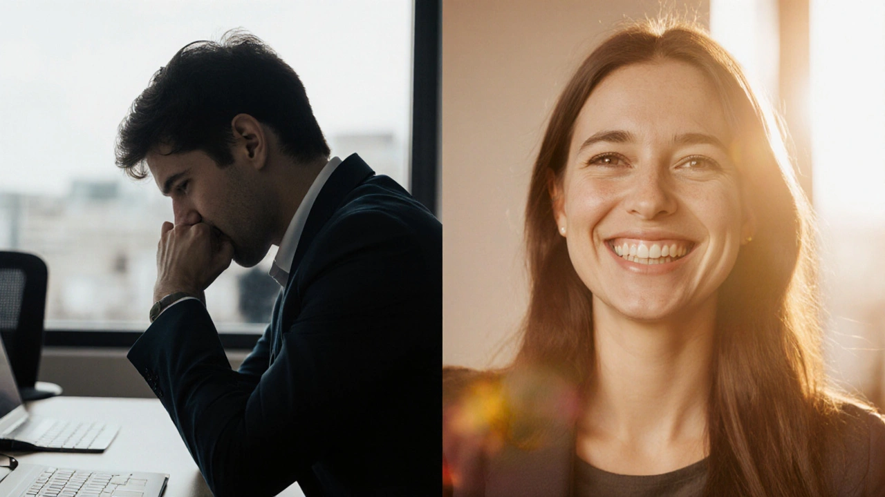 Dvě scény: jedna s úzkostným člověkem, druhá se šťastným, po čištění zubů.