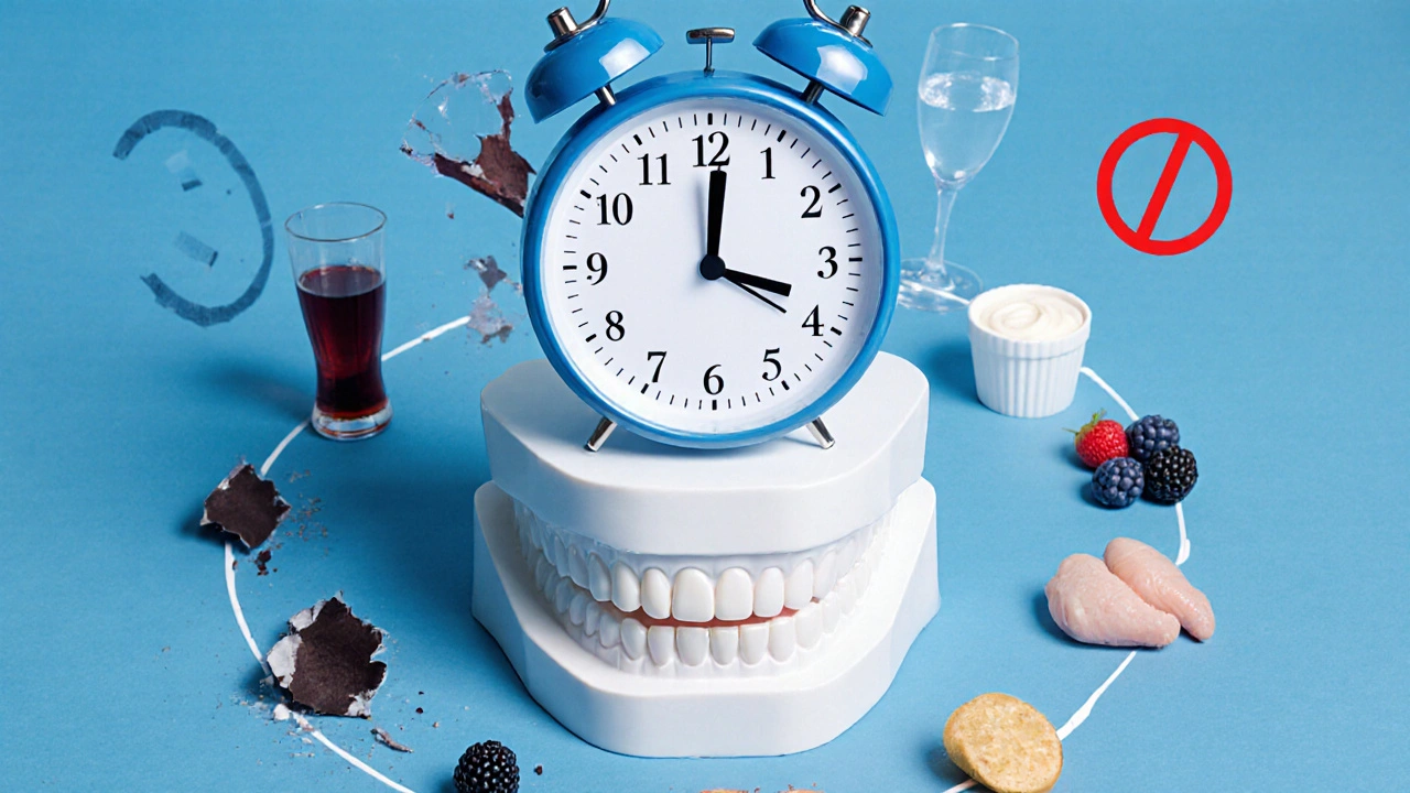 Hodiny ukazují 48 hodin nad zubním modelem, kolem nich se rozpadají tmavé potraviny a vzniká bílý úsměv.
