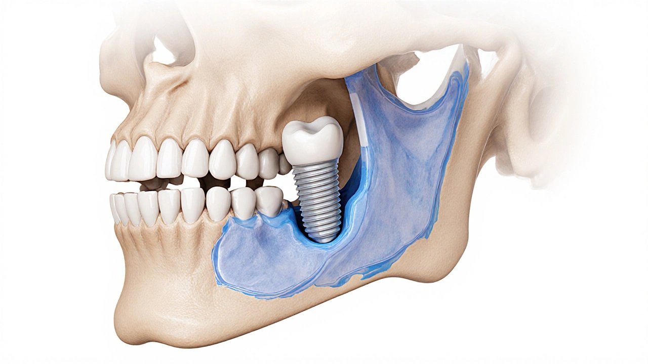 Keramický implantát integrovaný do čelisti, zachycující zachování kostní hustoty.