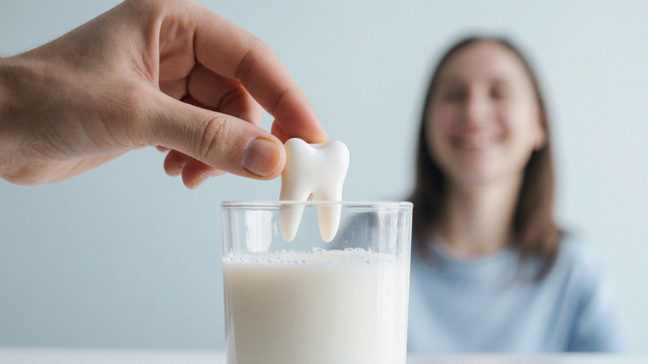 Keramický zub v sklenici s mlékem, s odrazem osoby, která se směje.