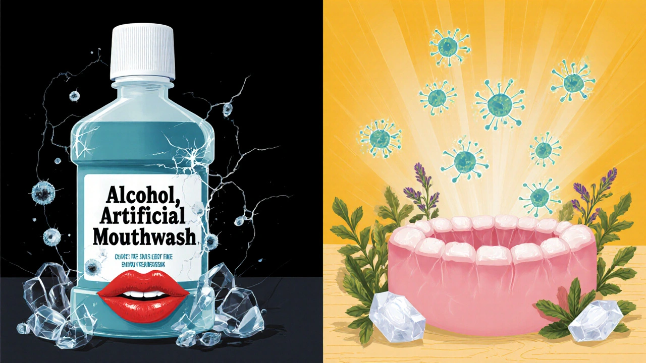 Kontrast mezi chemickou ústní vodou s poškozenými dásněmi a přírodní verzí se zdravými dásněmi.