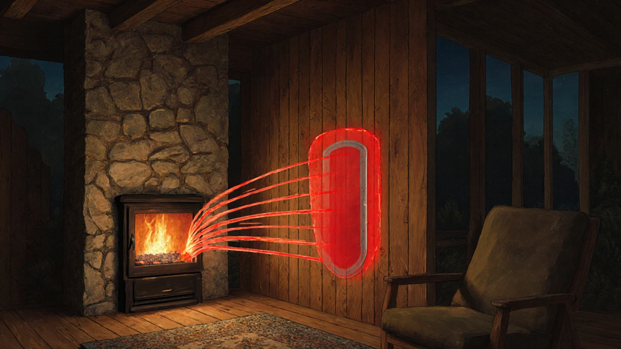 Koutová krbová kámen s tepelným zářením směřujícím k dřevěné a kamenité stěně.