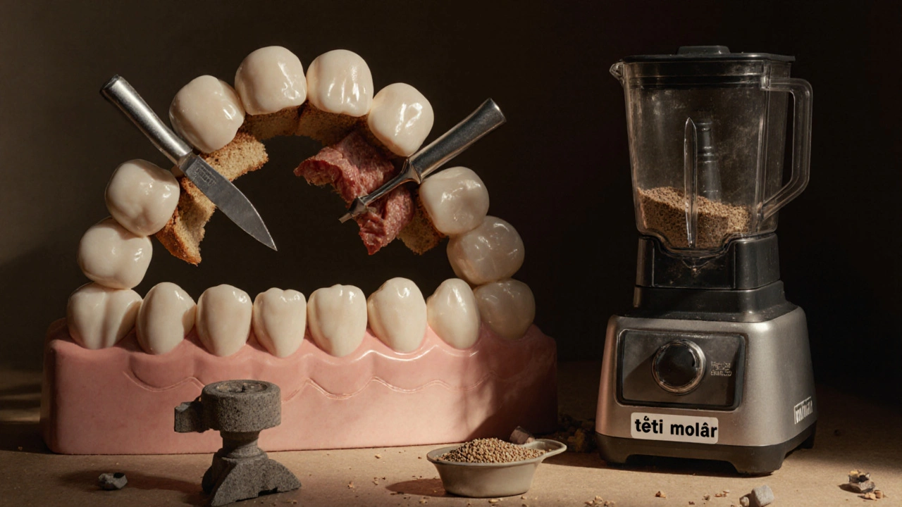 Kuchyň převedená na ústní dutinu: zuby jako kuchyňské nástroje, třetí molár jako zlomený mixér.