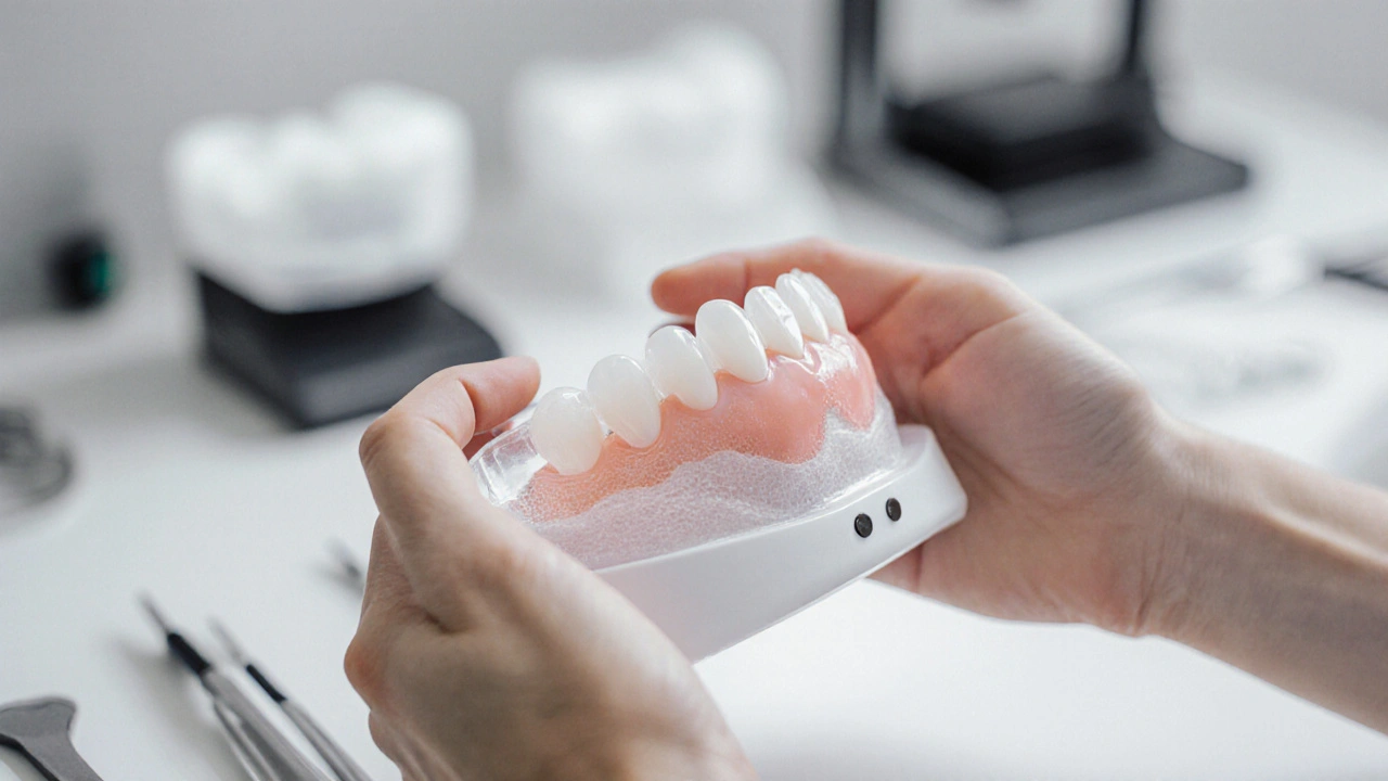 Moderní náhradní zuby s magnetickým upevněním jsou vidět pod klinickým osvětlením.