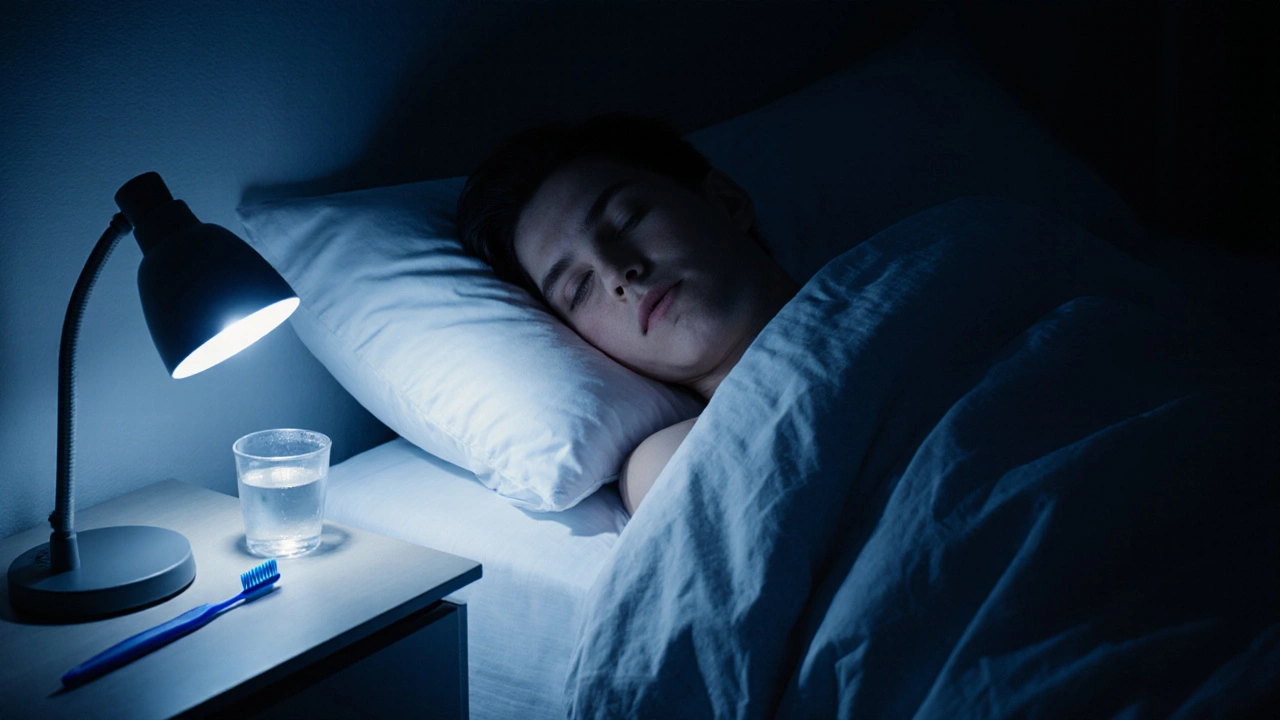 Noční scéna v ložnici: osoba spí s vysokou hlavou, na nočním stolku zubní štít a sklenice.