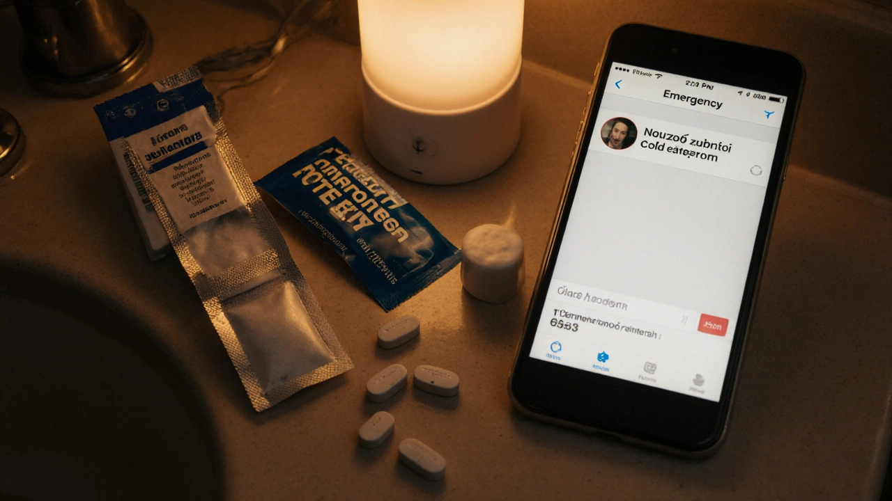 Nouzová zubní sáčka na koupelnové lavici: léky, vata, dočasná plomba a chladící sáček.