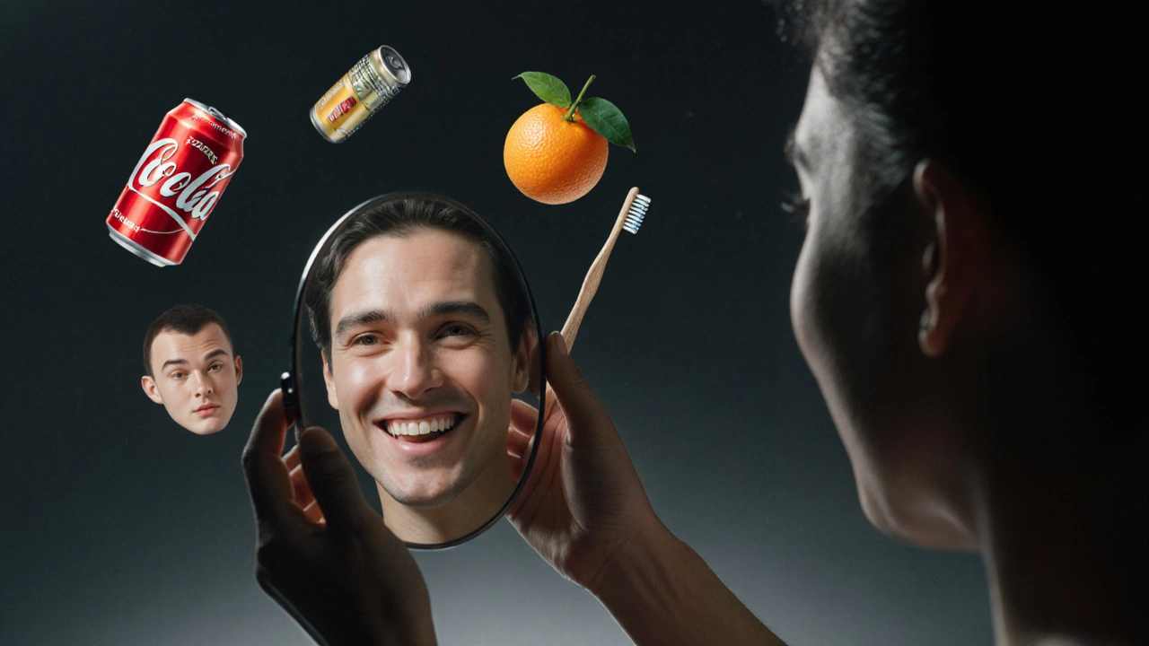 Odrážející zrcadlo s obrazem úst a symbolickými prvky životního stylu kolem.