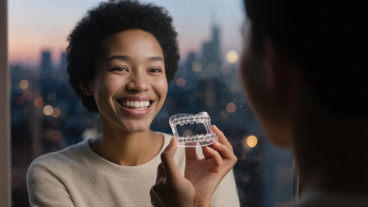 Osoba drží retentor a hledí do zrcadla s dokonalým úsměvem po odstranění fazet.