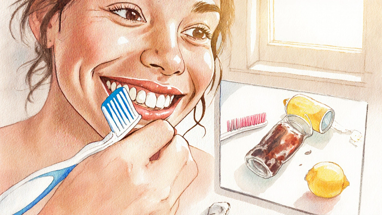 Osoba jemně čistí zuby měkkým štětcem, zdravé dásně v zrcadle