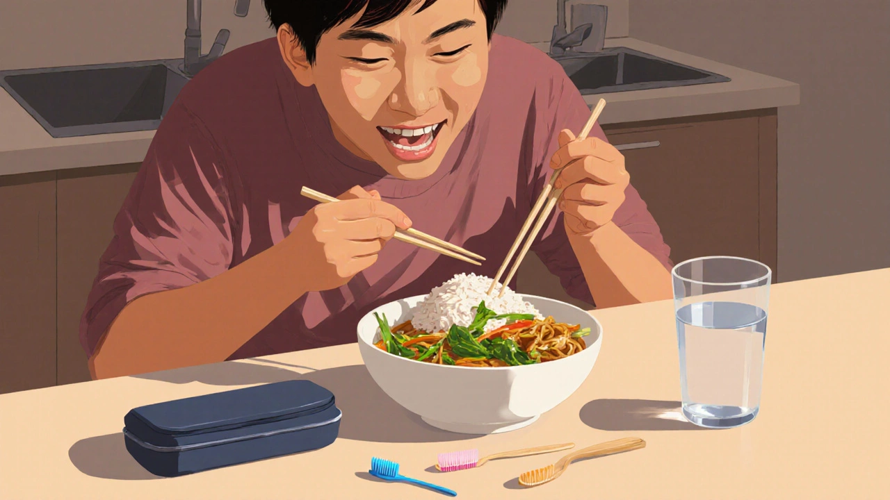 Osoba jí měkké jídlo s fazetami, vedle ní jsou ortodontické čisticí potřeby.