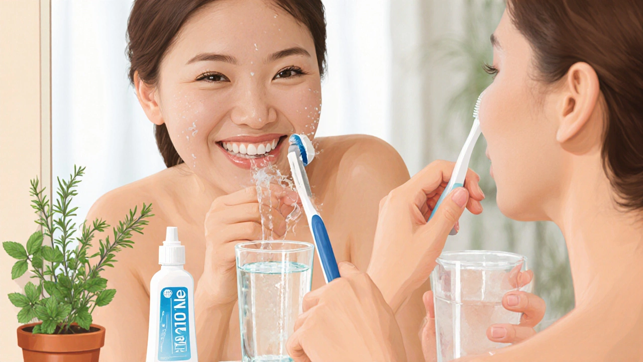 Osoba používá domácí ústní vodu spolu s mezizubním kartáčkem při péči o zuby.