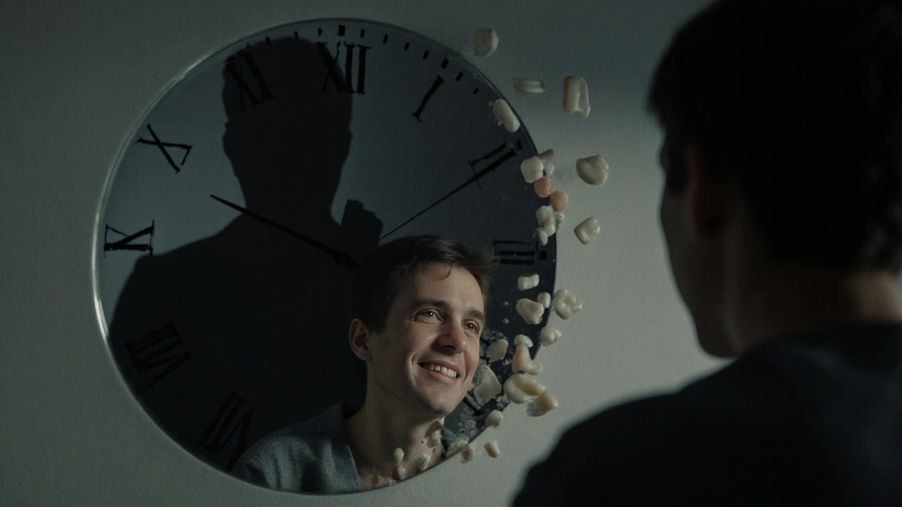 Osoba se dívá do zrcadla, kde vidí stahující se dásně a padající zuby.