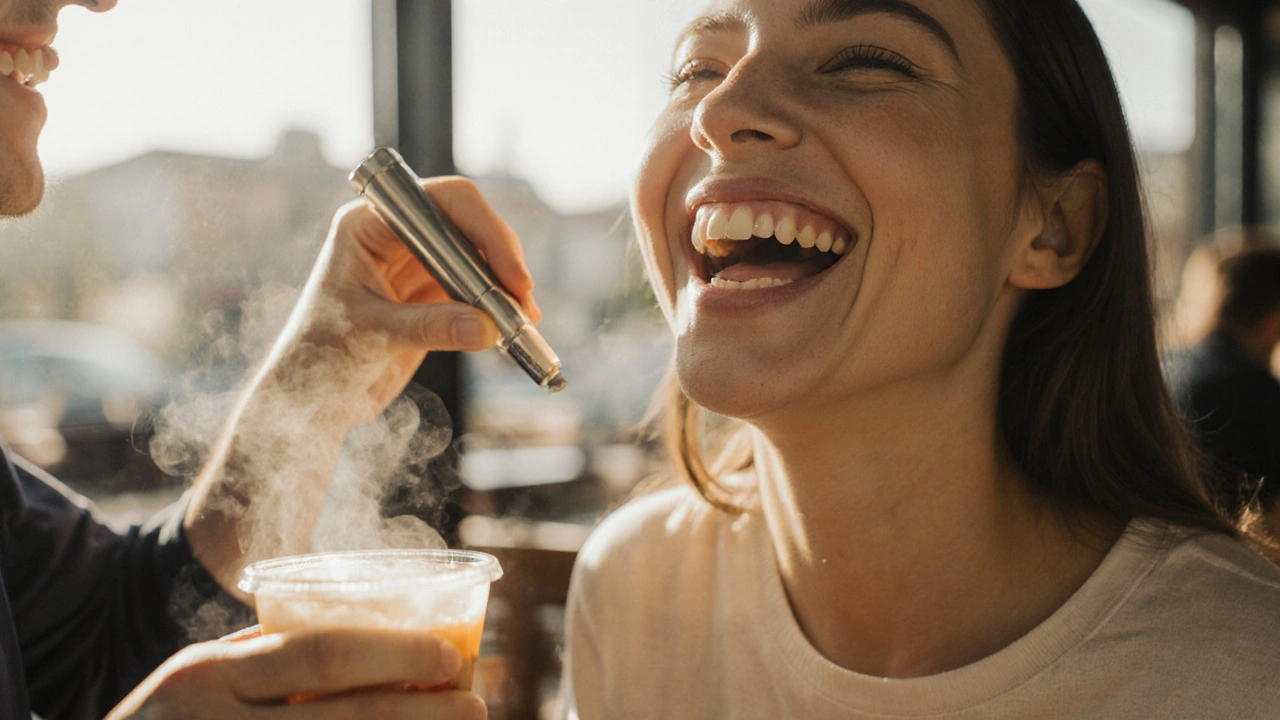 Osoba se směje v kavárně s čistými zuby, slunce osvětluje její obličej, v pozadí je zubní lékař.