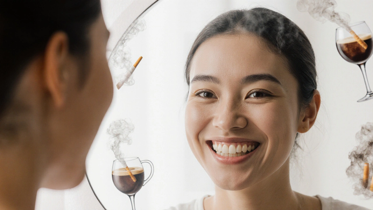 Osoba se usmívá do zrcadla s bílými zuby, stíny kávy a tabáku se rozplynou.