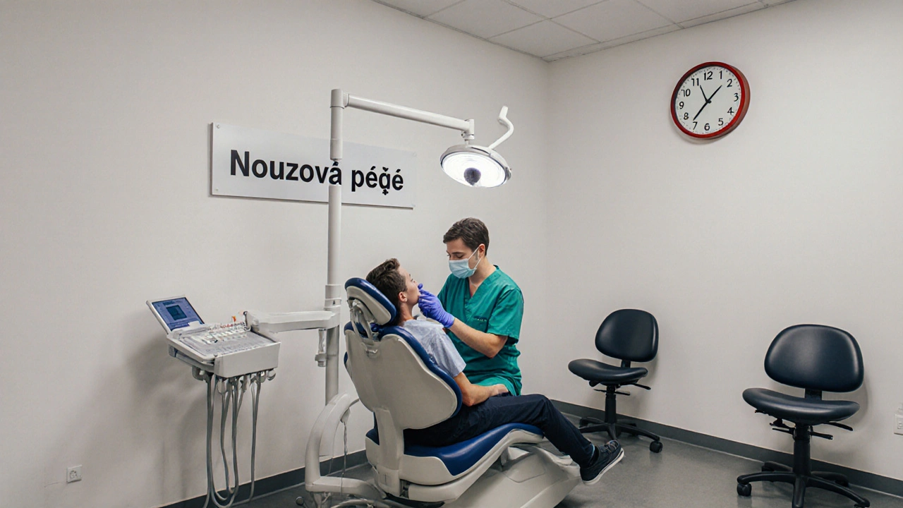 Pacient v nouzové zubní ordinaci v Praze, dentistka provádí vyšetření za jasným osvětlením.