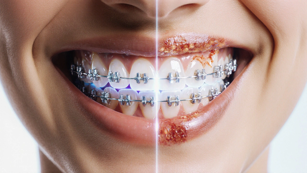 Porovnání zdravých a poškozených zubů s rovnátky – lesklé vs. bílé skvrny a zánětlivé dásně.